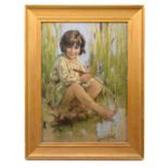 LANCELOT ROBERTS (1883-1950); pastel, young girl seated beside pond scene, signed, 44 x 24cm, framed