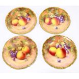 LEAMAN & J. REED FOR ROYAL WORCESTER; four hand painted scalloped edge plates, decorated with fruit,