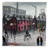 † JAMES DOWNIE (born 1949); oil on canvas, figures in street scene at pit head, signed, 30 x 30cm,