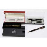 CONWAY STEWART; a marbled vintage fountain pen, no.286, a boxed Sheaffer ballpoint pen, a cased