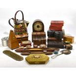 A quantity of collectors' items to include modern wooden boxes, a mantel clock, two weaving shuttles