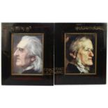 A pair of decorative musical prints of Franz Liszt and Richard Wagner, each with engraved music