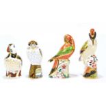 ROYAL CROWN DERBY; four animal form paperweights comprising ‘Green Woodpecker’, ‘Lorikeet’ 109/2500,