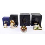 ROYAL CROWN DERBY; four animal form paperweights, to include ‘Border Collie’ 734/2500, ‘Woodland