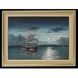 † NIGEL HALLARD; a large oil on canvas board, three masted vessel at a moonlit sea, signed,