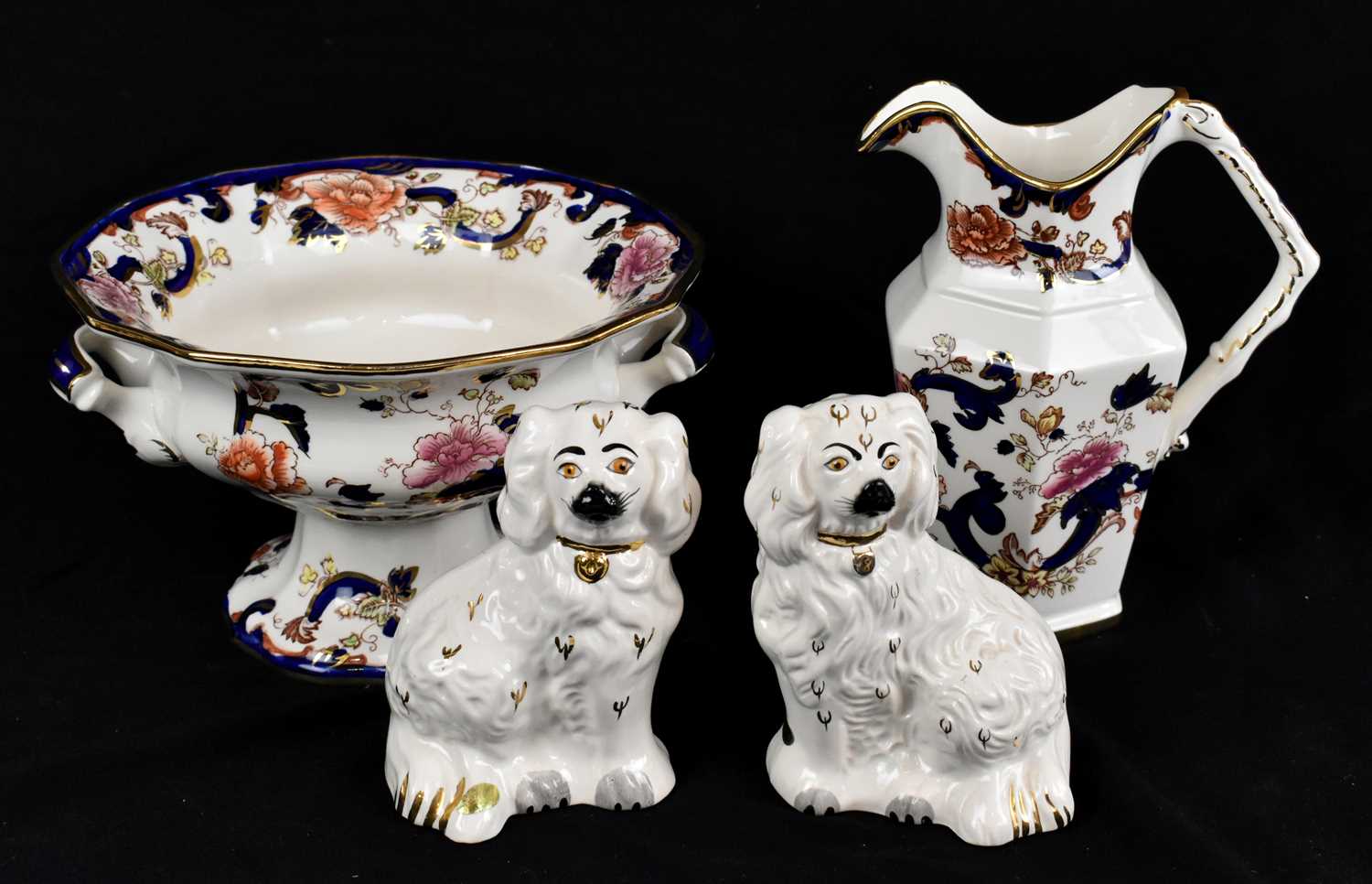 MASONS; a 'Regency' pattern twin handled fruit bowl and jug, with a pair of Staffordshire