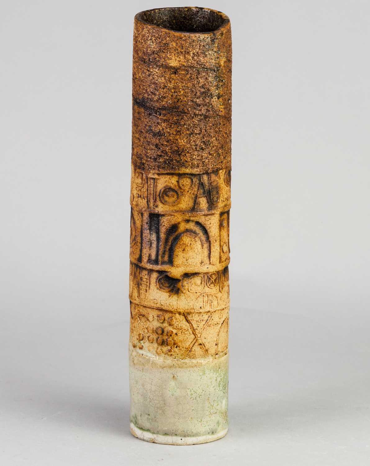 † ALAN WALLWORK (1931-2019); a cylindrical stoneware vase with impressed hieroglyphics, incised W - Image 3 of 5