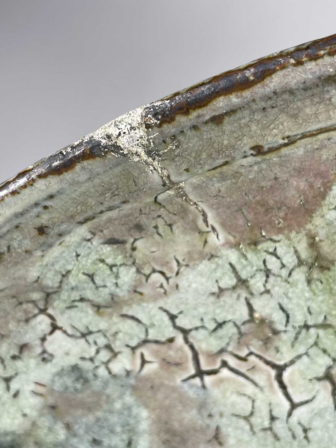 AKIKO HIRAI (born 1970); a large stoneware plate covered in celadon glaze with pink blushes and - Image 4 of 5