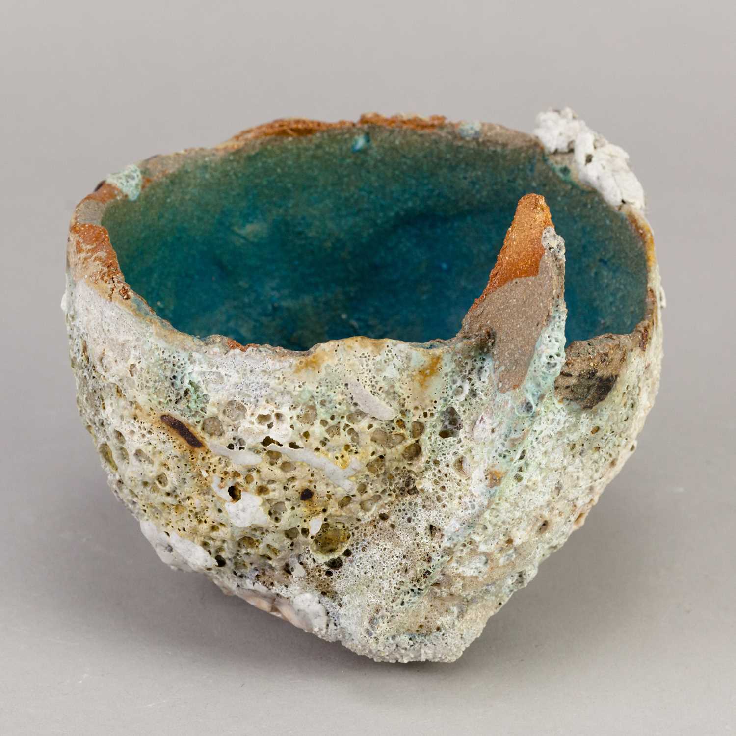 TAMSYN TREVORROW (born 1975); a small grogged stoneware sculptural blue rock pool bowl with one fin, - Image 2 of 5