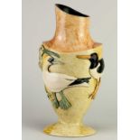 † ANNA LAMBERT (born 1957); an earthenware vessel on a splayed base decorated with sprigged birds,