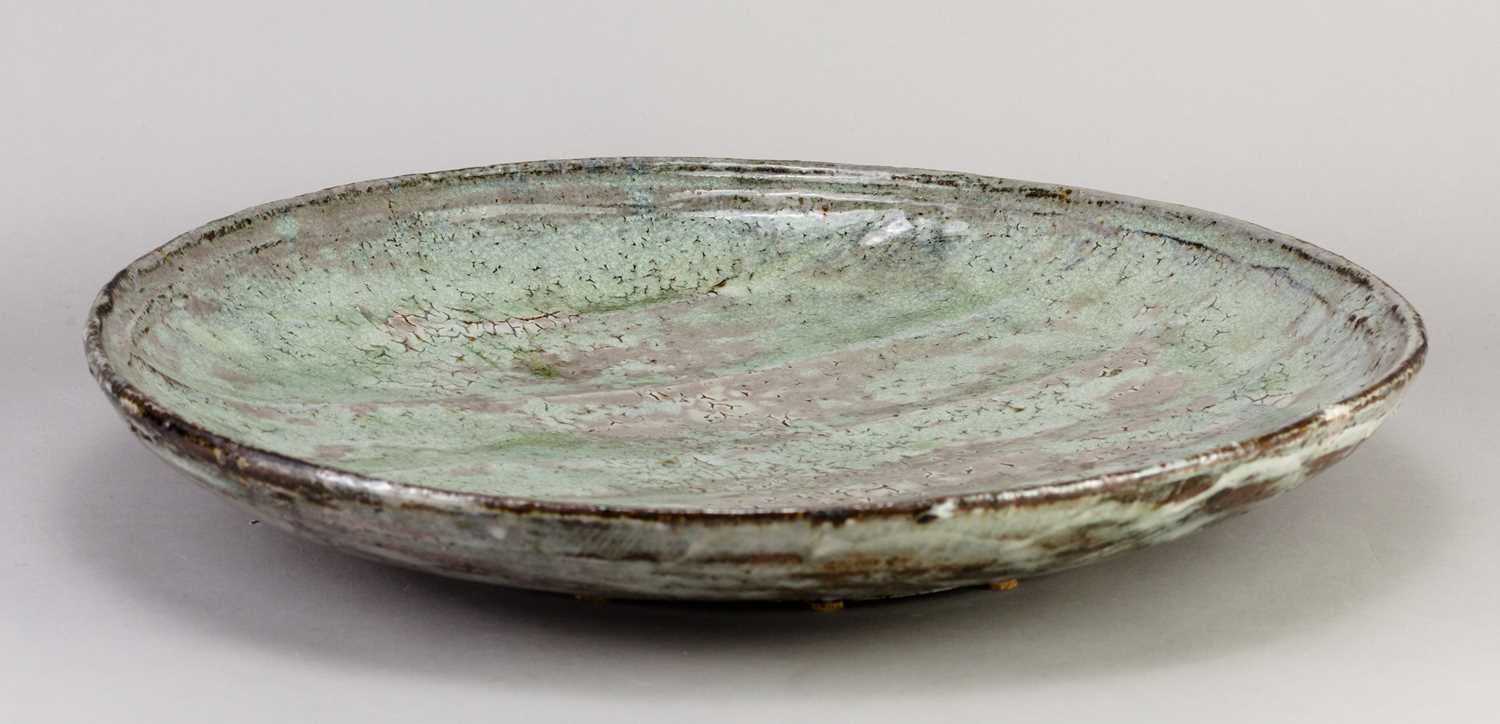 AKIKO HIRAI (born 1970); a large stoneware plate covered in celadon glaze with pink blushes and - Image 2 of 5