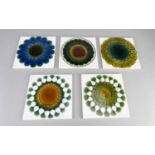 † ALAN WALLWORK (1931-2019); five square earthenware tiles featuring different designs on Pilkington
