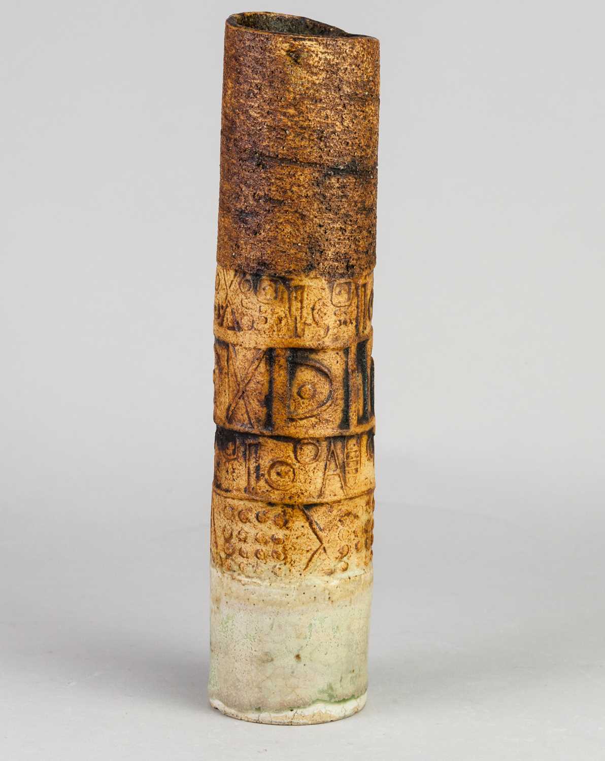 † ALAN WALLWORK (1931-2019); a cylindrical stoneware vase with impressed hieroglyphics, incised W - Image 2 of 5