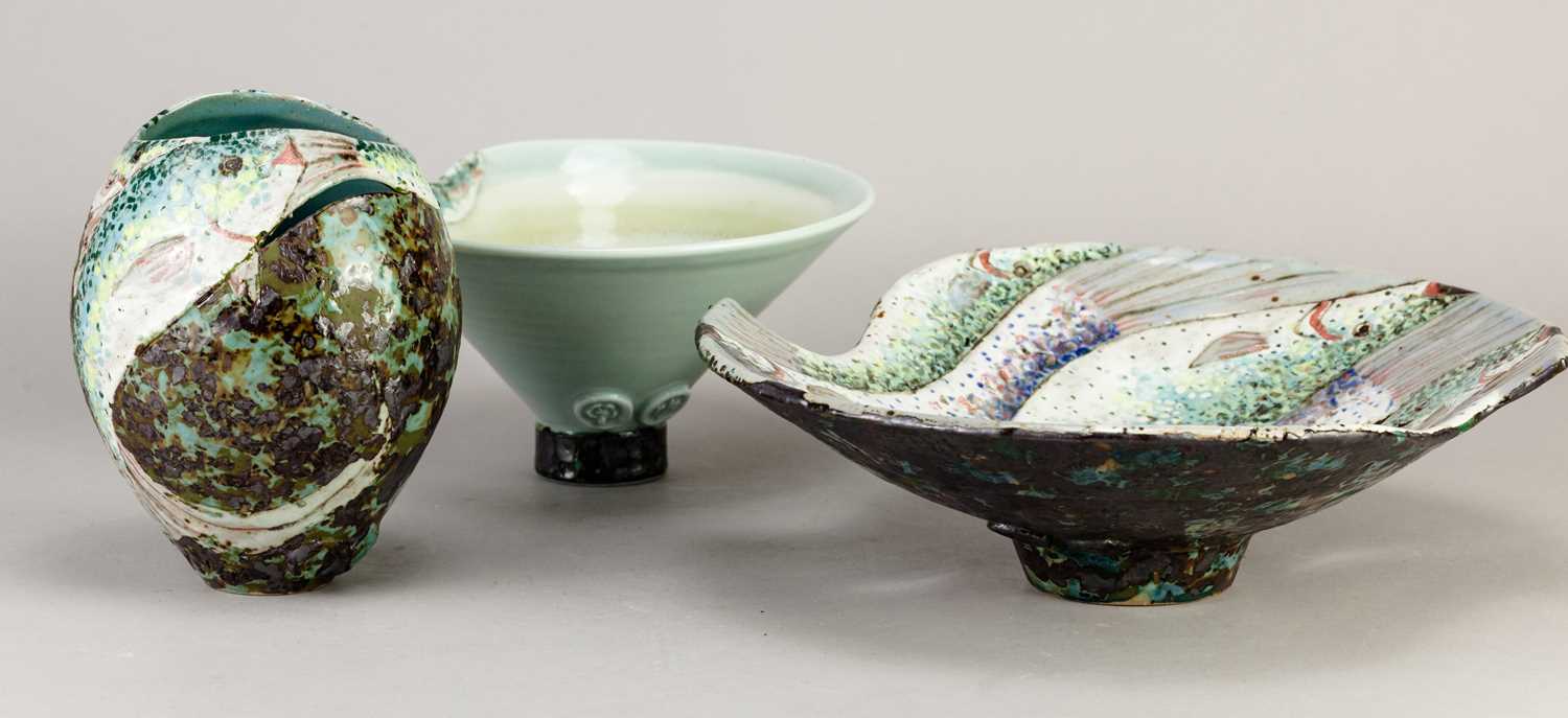 † ROGER COCKRAM (born 1947) for Chittlehampton Pottery; a pierced stoneware bowl with wavy rim