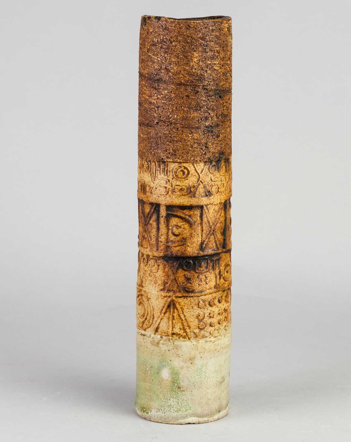 † ALAN WALLWORK (1931-2019); a cylindrical stoneware vase with impressed hieroglyphics, incised W