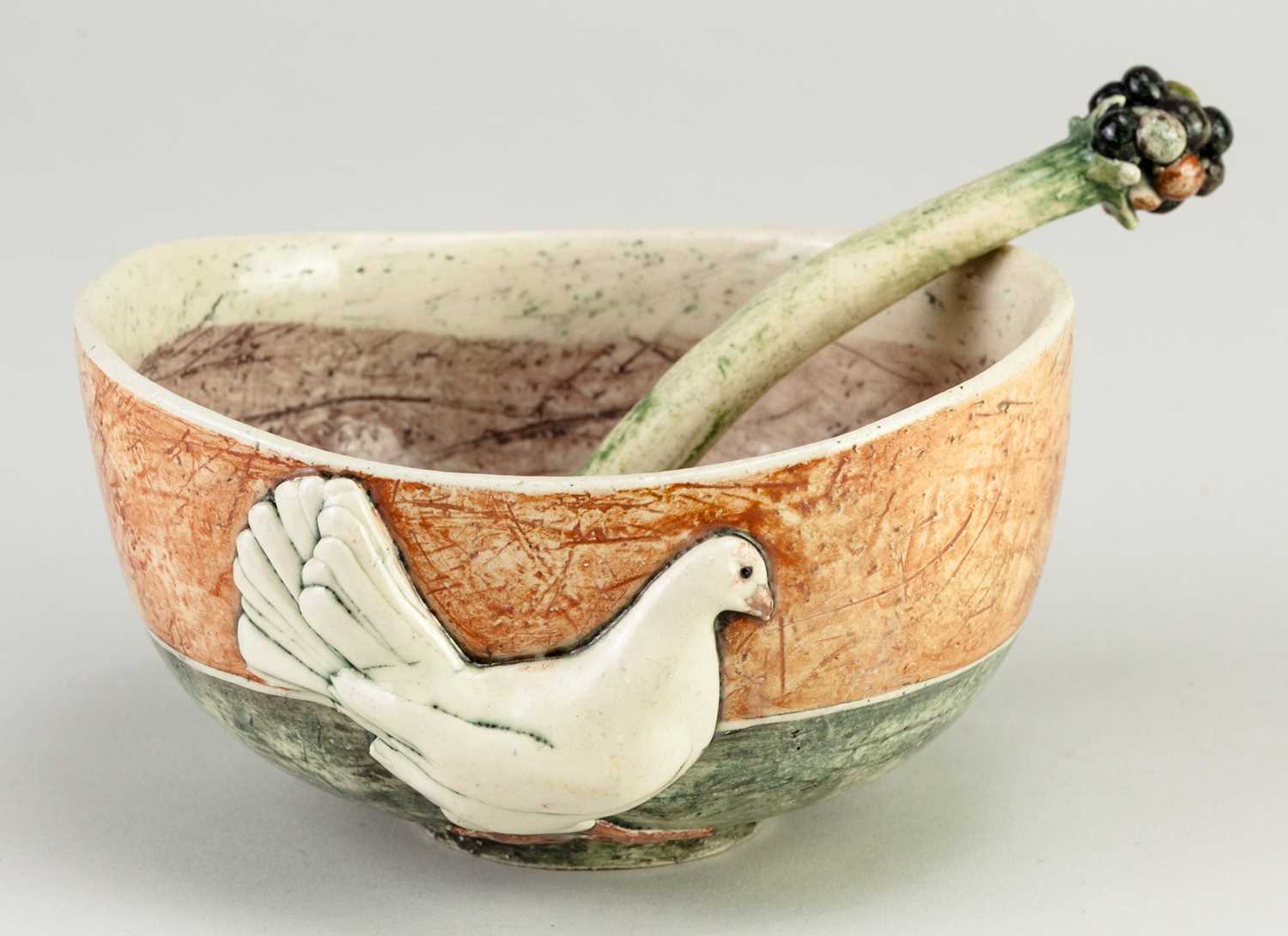 † ANNA LAMBERT (born 1957); an oval earthenware bowl decorated with a sprigged chicken and a small - Image 2 of 8