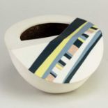 † PHILIP JOLLEY (born 1956); a slipcast porcelain vessel decorated with bands of black, yellow and