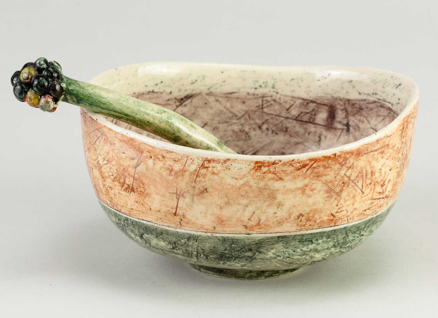 † ANNA LAMBERT (born 1957); an oval earthenware bowl decorated with a sprigged chicken and a small - Image 3 of 8