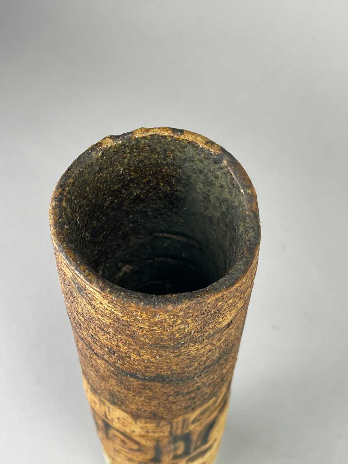 † ALAN WALLWORK (1931-2019); a cylindrical stoneware vase with impressed hieroglyphics, incised W - Image 4 of 5