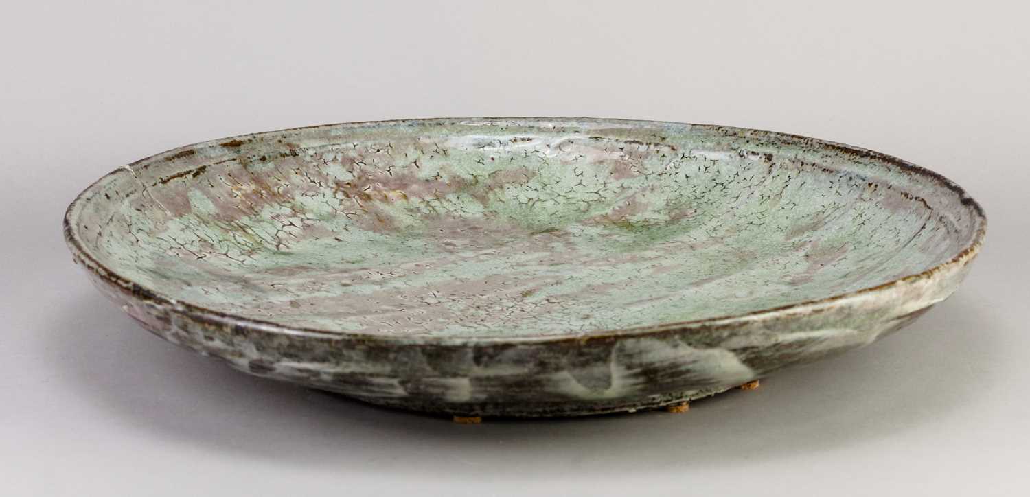 AKIKO HIRAI (born 1970); a large stoneware plate covered in celadon glaze with pink blushes and - Image 3 of 5