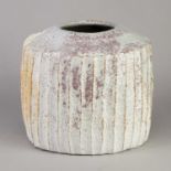 AKIKO HIRAI (born 1970); a fluted stoneware vessel covered in white, pink and green glaze with an