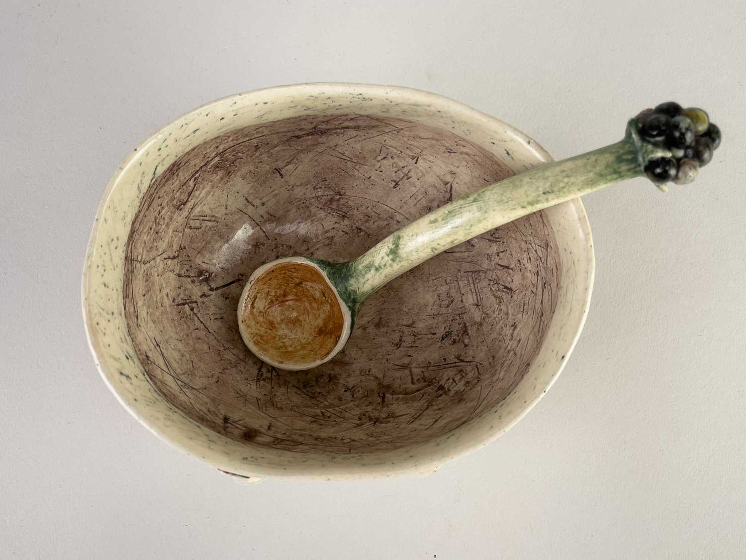 † ANNA LAMBERT (born 1957); an oval earthenware bowl decorated with a sprigged chicken and a small - Image 4 of 8