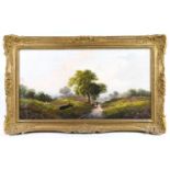 EARLY 20TH CENTURY BRITISH SCHOOL; oil on canvas, country landscape with sheep, unsigned, 29 x 55cm,