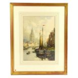 JR MILLER; watercolour, moored sailing boats overlooked by a church, signed lower left, 26 x 36cm,