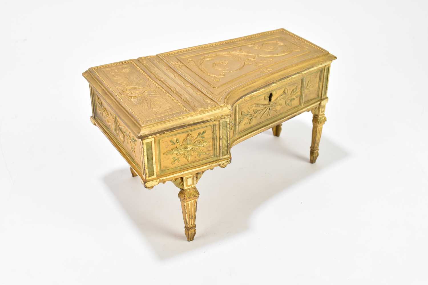A late 19th century gilt metal jewellery casket modelled in the form of a harpsichord, with cast - Image 2 of 5