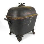 A toleware coal bucket and cover with twin cast handles on bracket feet, height 46cm.