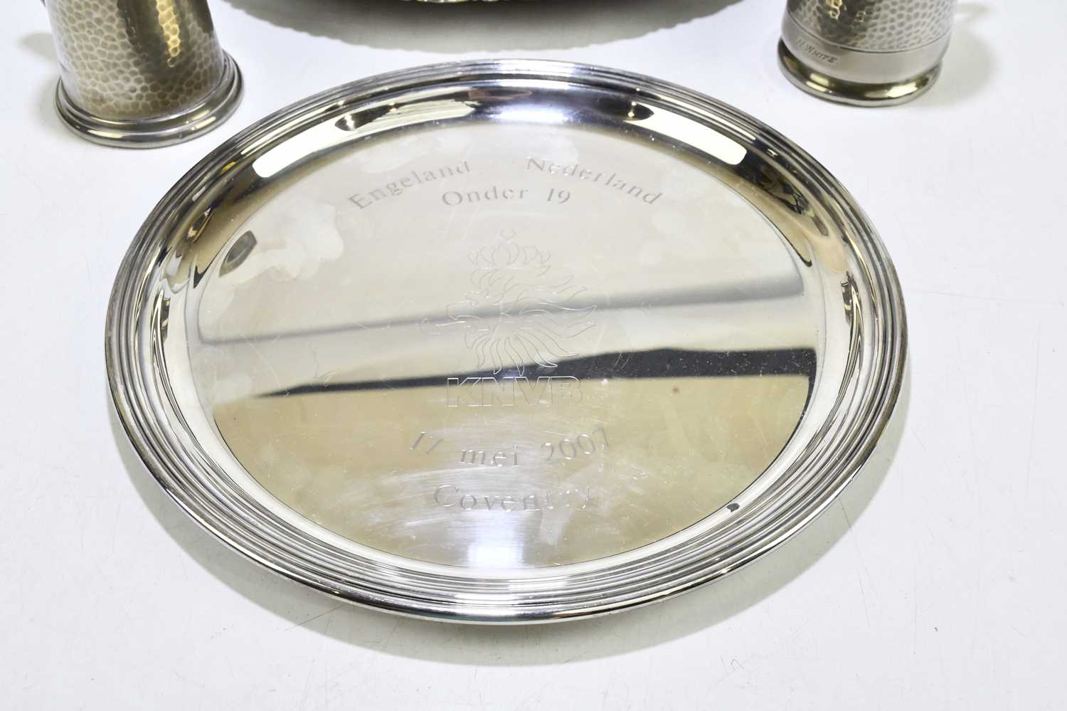 Various football presentation items to Noel White, comprising a circular plated tray, England vs. - Image 2 of 8