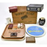 A small collection of advertising items, to include a Bibby soap wooden crate, Worthington's Fowl