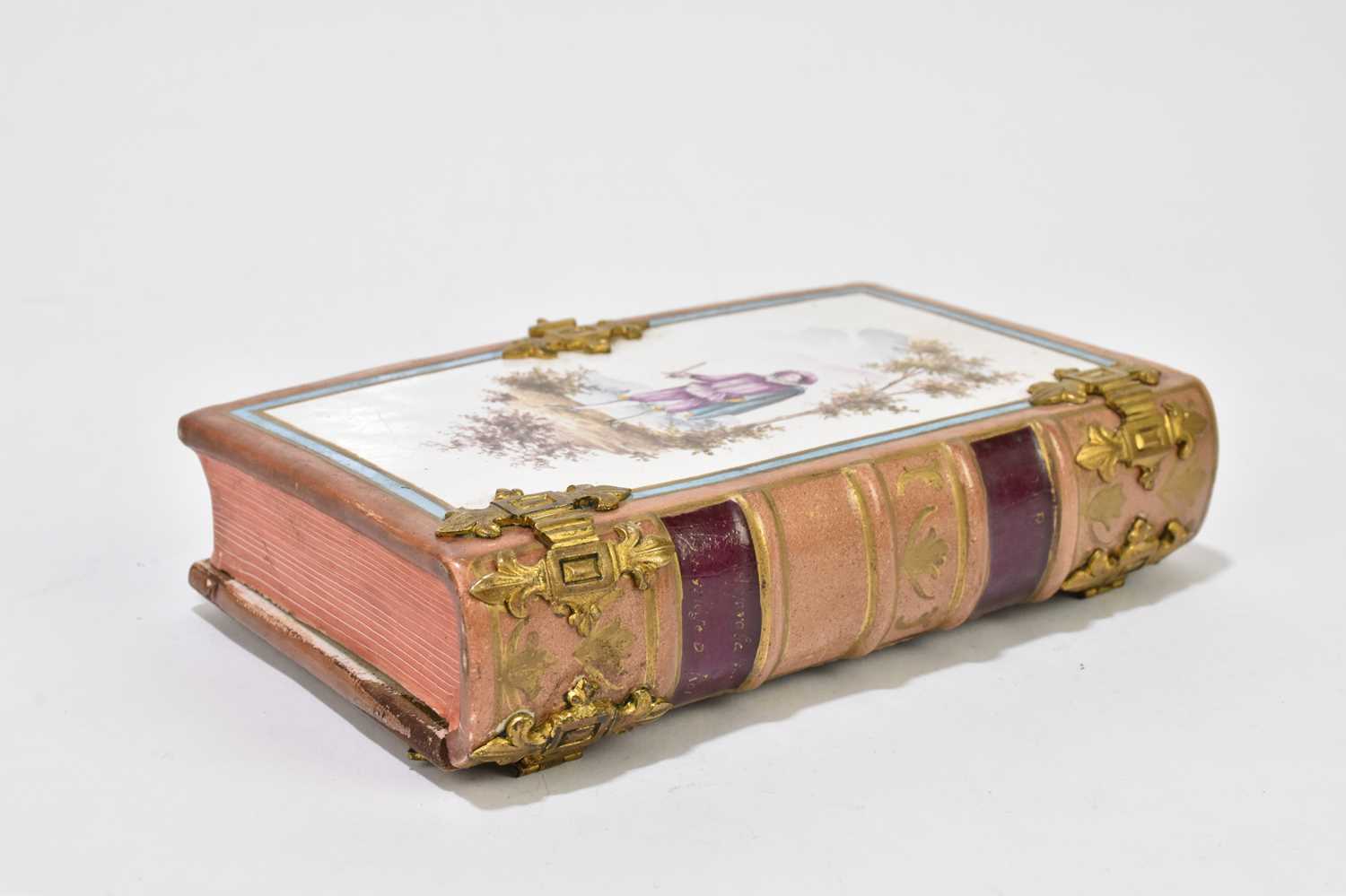 A 19th century French pottery faïence ware trinket box in the form of a book with gilt metal mounts, - Image 4 of 5