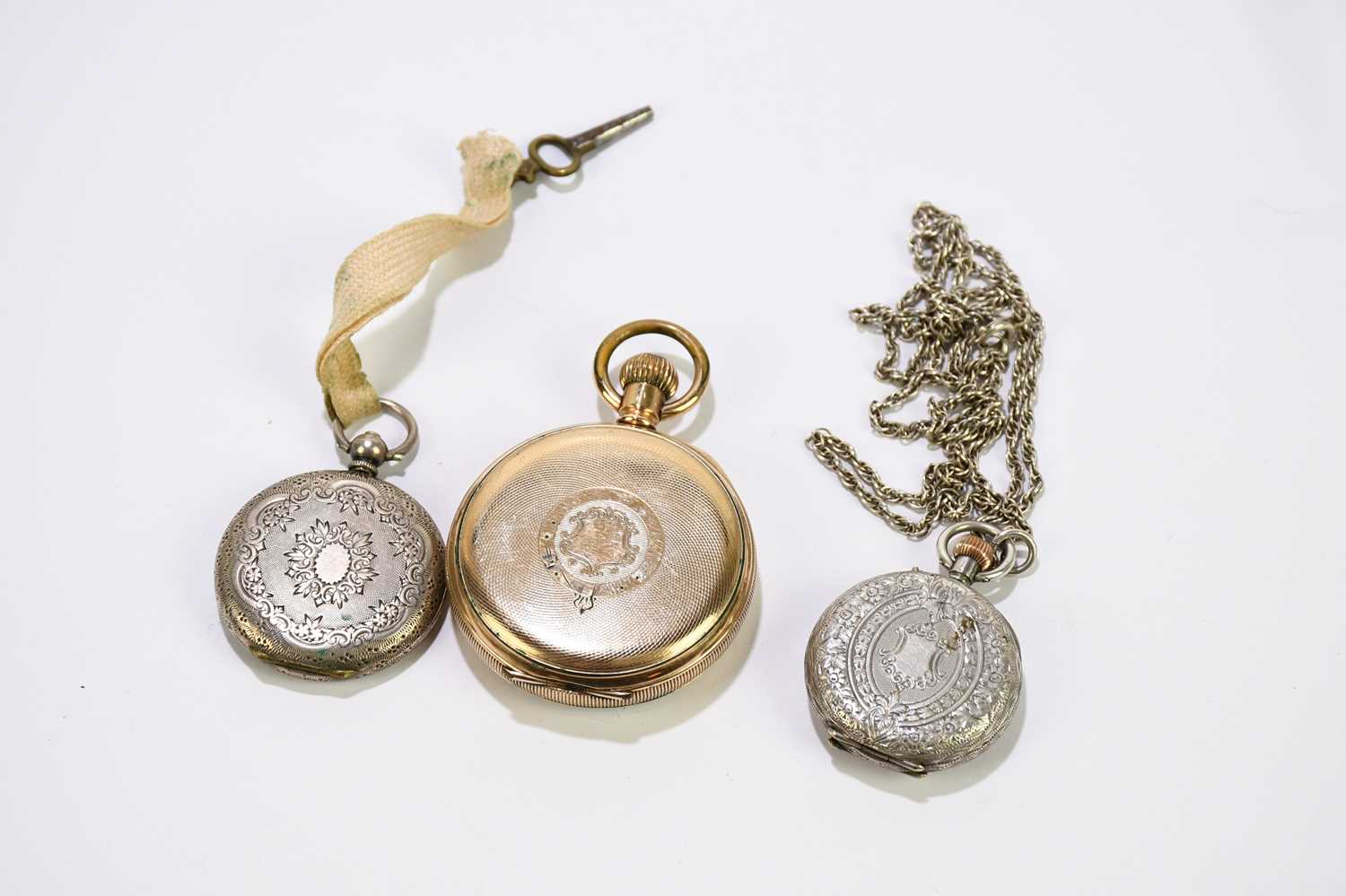 WALTHAM; a gold plated crown wind open faced pocket watch, the enamelled dial set with Roman - Image 2 of 2