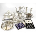 A selection of 19th century and later silver plated items to include a pair of entree dishes and