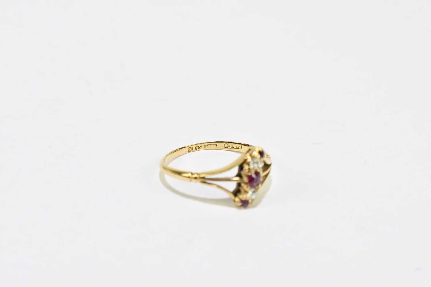 An 18ct yellow gold ruby and diamond five stone ring of pierced swept design, size Q, approx, 2.5g. - Image 3 of 3