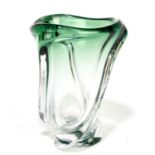 VAL ST LAMBERT; a contemporary green and clear glass vase of twisted form, signed to base, height