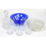 A Czechoslovakian blue flashed glass bowl with wheel cut foliate detailing, diameter 25.5cm, with