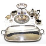 A selection of silver plated items to include a comport height 18cm and a three piece tea service.