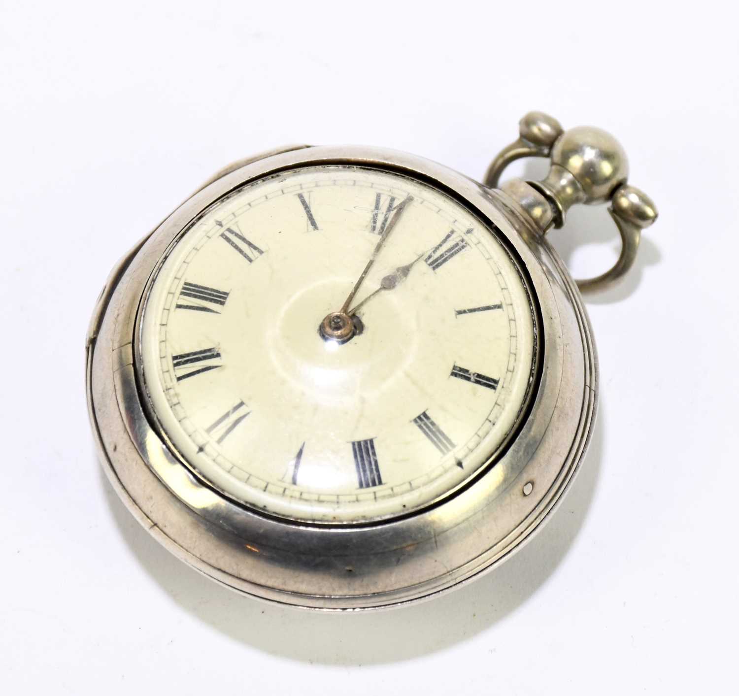 JOHN LAKIN, LONDON; a George III hallmarked silver pair cased key wind pocket watch, the enamelled