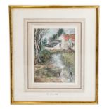 IN THE MANNER OF CAMILLE PISSARO; pastel, figure in lake beside Continental buildings, signed and