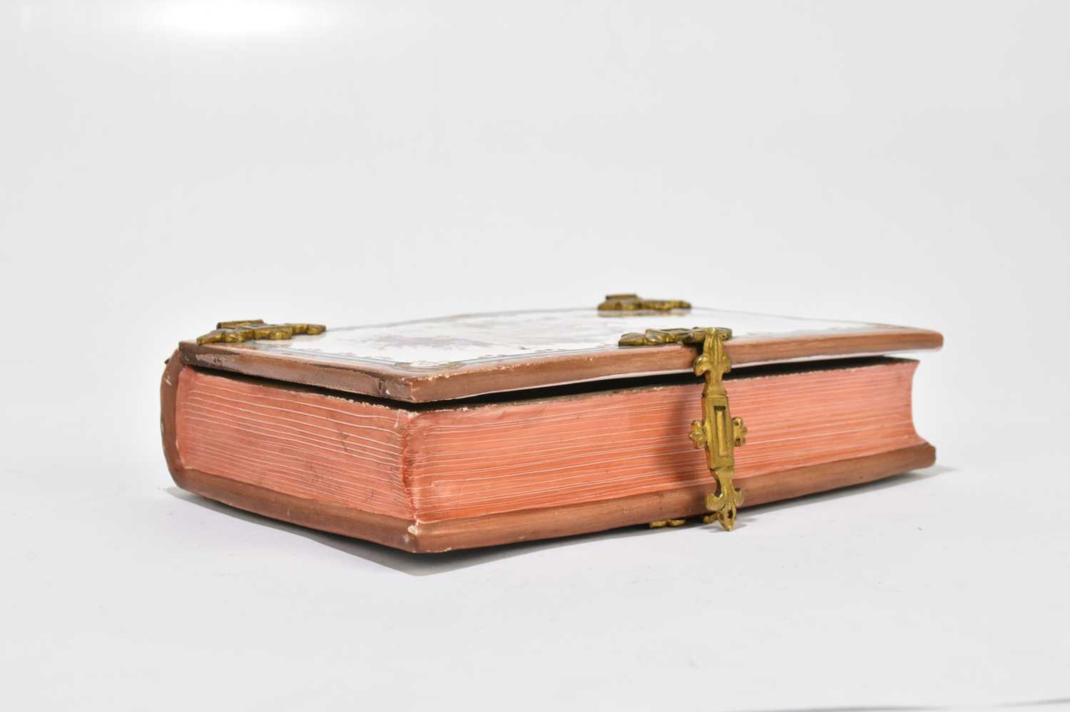 A 19th century French pottery faïence ware trinket box in the form of a book with gilt metal mounts, - Image 3 of 5