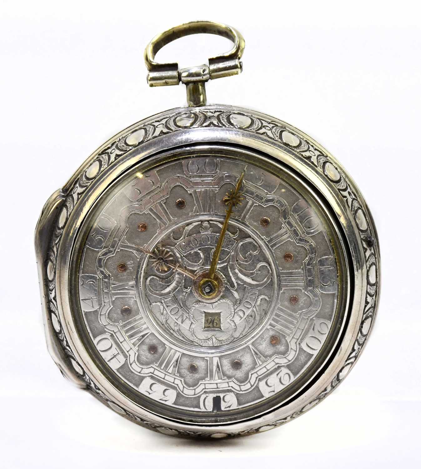 CHARLES GOODE OF LONDON; a George II hallmarked silver cased key wind pair cased pocket watch, the