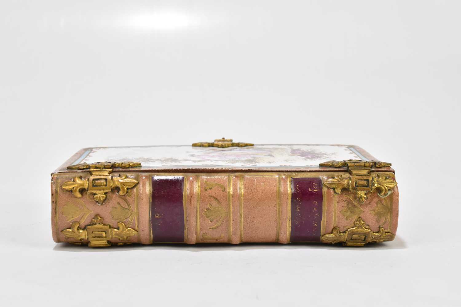 A 19th century French pottery faïence ware trinket box in the form of a book with gilt metal mounts, - Image 2 of 5