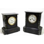 Two Victorian slate and marble mantel clocks, the larger example signed 'Barnby & Ross' to the