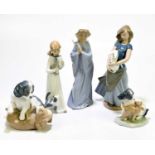 NAO; five assorted figures and models to include a girl clutching a rabbit, height 28cm, and two