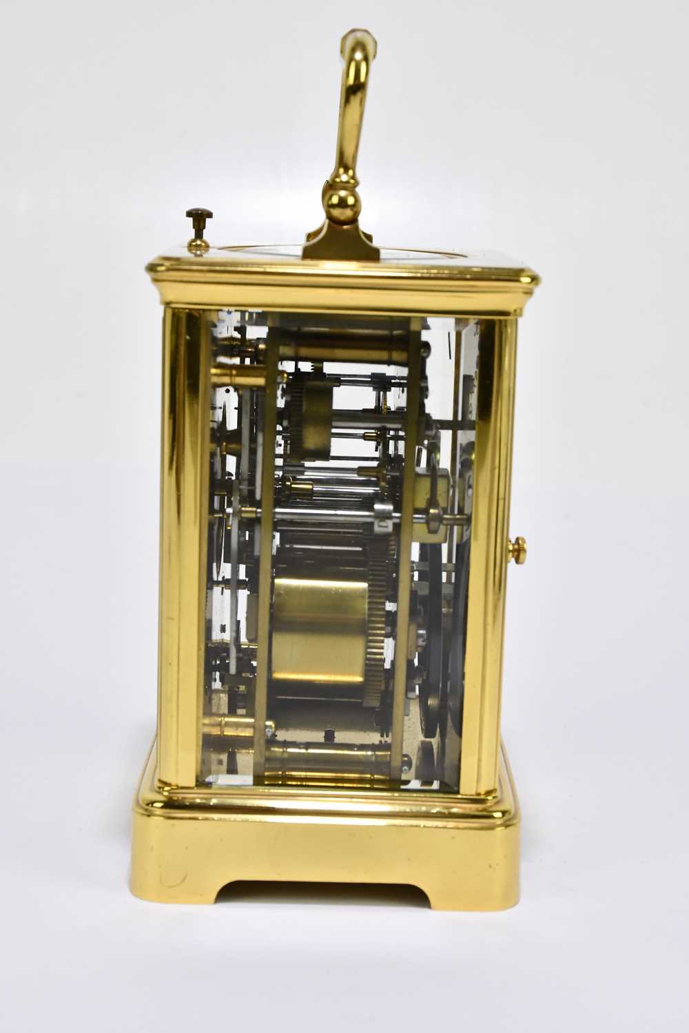 A circa 1900 French brass repeating carriage clock with Arabic numerals to the chapter ring set - Image 5 of 6