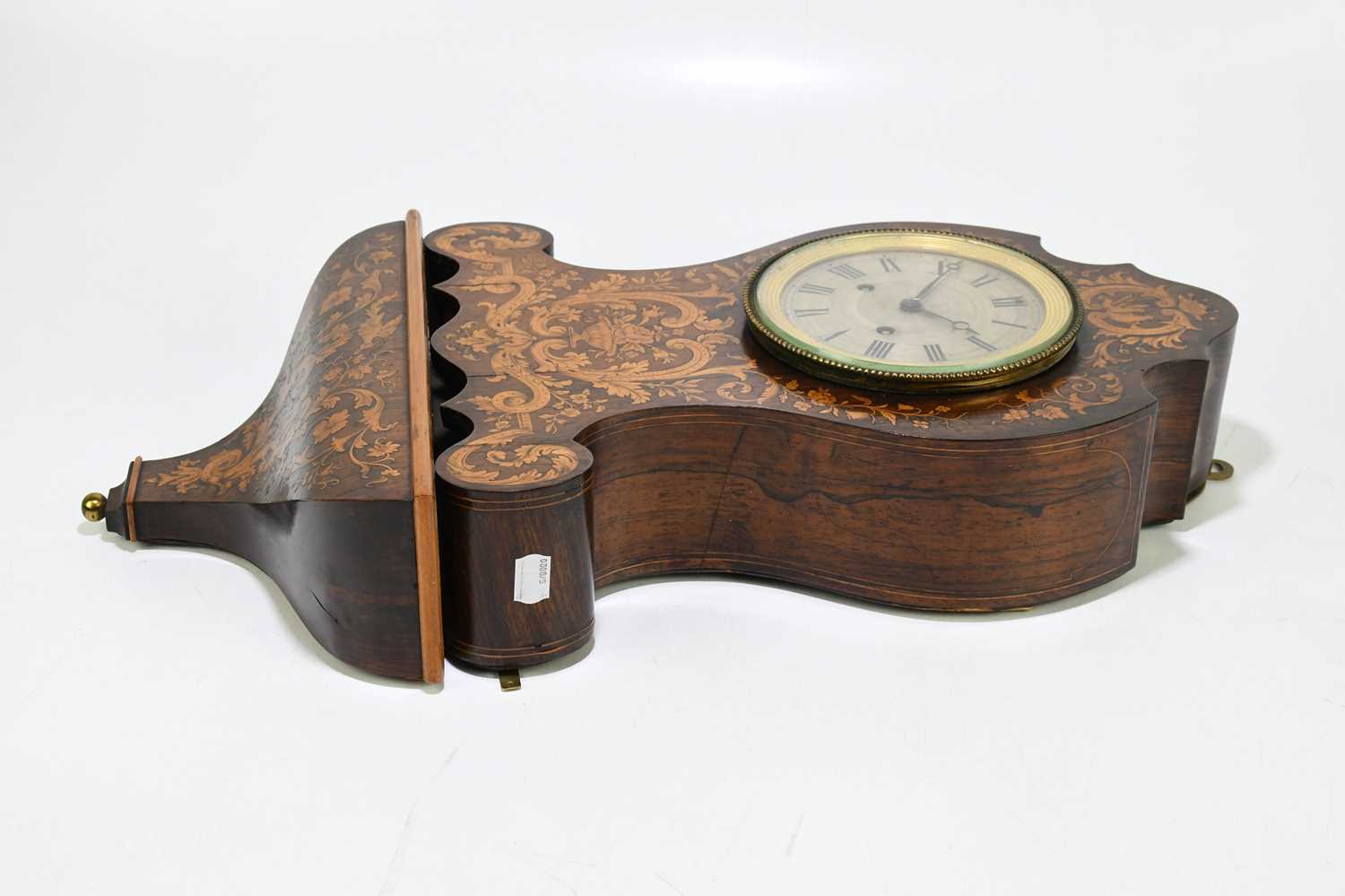 A late 19th century French marquetry inlaid rosewood wall clock with integral shaped bracket, the - Image 5 of 7