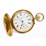 An 18ct yellow gold crown wind full Hunter fob watch, the white enamel dial set with Roman