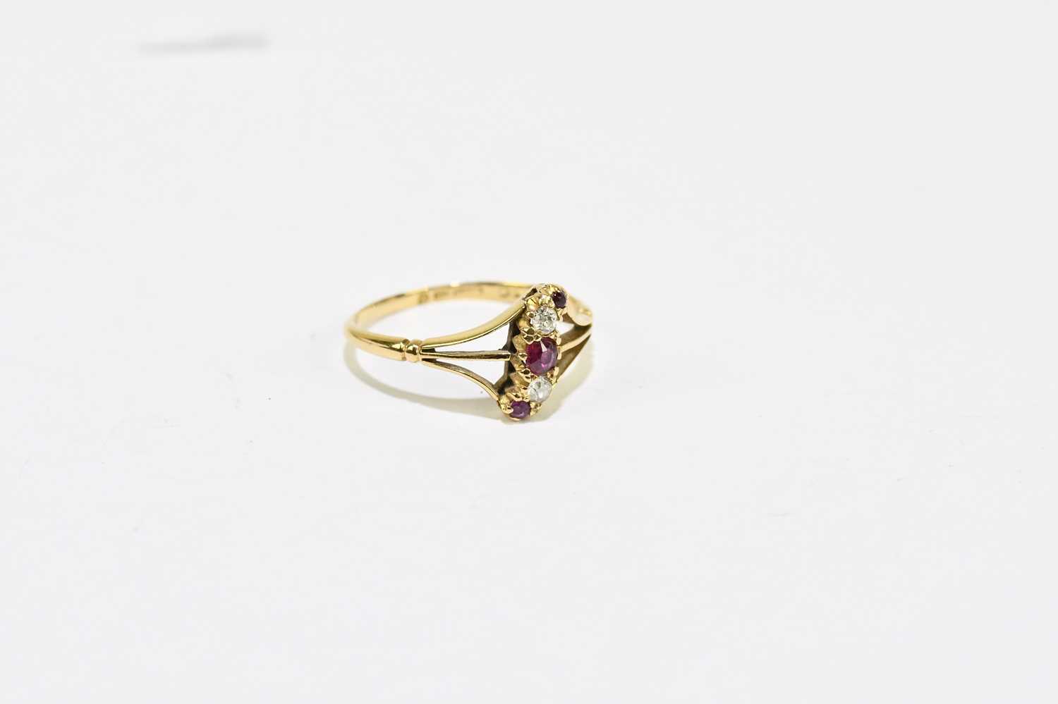 An 18ct yellow gold ruby and diamond five stone ring of pierced swept design, size Q, approx, 2.5g. - Image 2 of 3